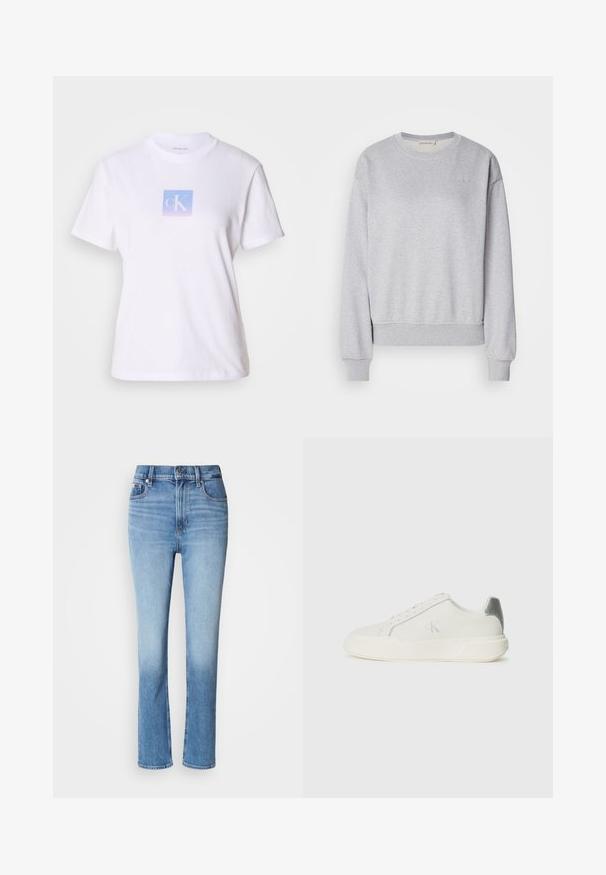 Grauer Baumwollpullover mit langen Ärmeln, Rundhalsausschnitt, gerippten Bündchen und Saum, mit einem dezenten gestickten Logo auf der Brust.; Weißes Baumwoll-T-Shirt mit einem quadratischen, pastellblauen und lavendelfarbenen Grafik, die die Buchstaben "cK" in der Mitte der Vorderseite zeigt. Kurze Ärmel, Rundhalsausschnitt.; Blaue Jeans aus Denim mit hoher Taille, gerader Beinführung, verblasstem Farbverlauf und fünf Taschen. Metallknopf- und Reißverschluss.; Weißer Sneaker aus Leder mit glatter Textur, ausgestattet mit einem silbernen Akzent an der Ferse, flacher Sohle und minimalistischem Design.