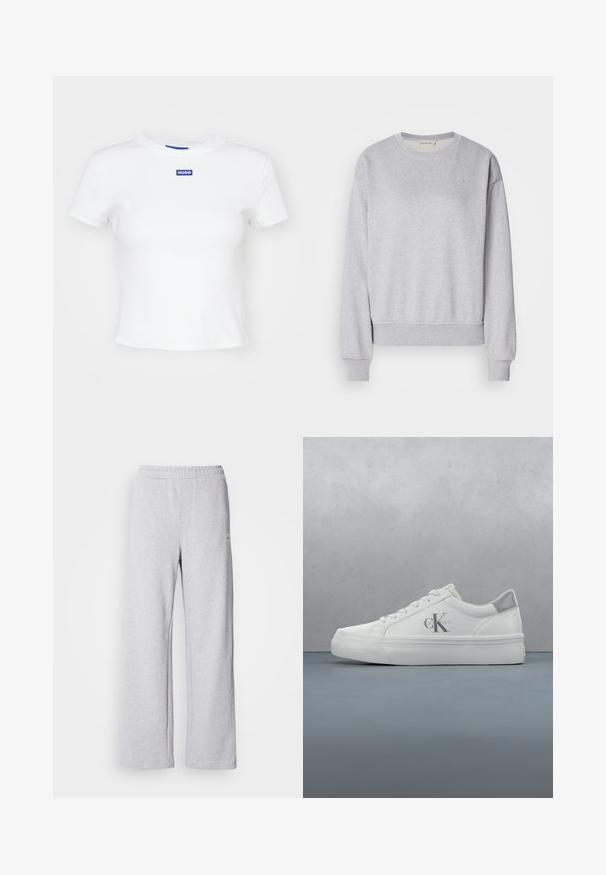 Grå bomulds sweatshirt med lange ærmer, rund halsudskæring, ribbede manchetter og kant, der har et diskret broderet logo på brystet.; Hvid bomulds t-shirt med korte ærmer, rund halsudskæring og et blåt rektangulært logo-patch med teksten "HUGO" midt foran.; Lys grå joggebukser med bred bendesign, elastisk talje og subtile syninger. Lavet af blødt, åndbart stof.; Hvide lædersneakers med flad sål, der har en diskret grå hælaccent og et fremtrædende 'CK' logo på siden.
