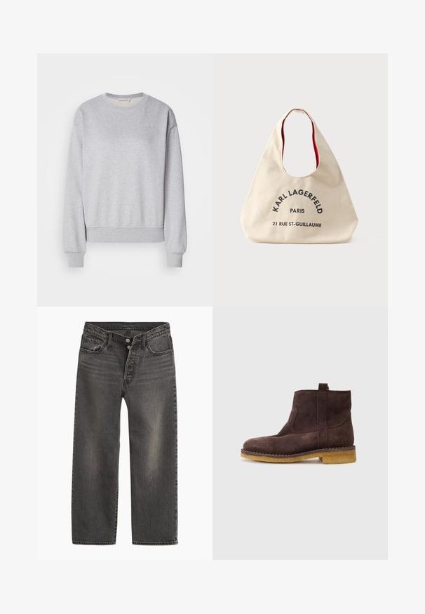 Sweatshirt en coton gris avec des manches longues, un col rond, des poignets et un ourlet côtelés, présentant un logo brodé subtil sur la poitrine.; Jeans en denim noir avec une coupe droite, taille haute et braguette à boutons. Présente un léger effet délavé et des coutures contrastantes.; Billi Bi Bottines - dark chokolate; Sac à main en tissu triangulaire beige avec doublure intérieure rouge, texte noir "KARL LAGERFELD PARIS 21 RUE ST-GUILLAUME" à l'avant.