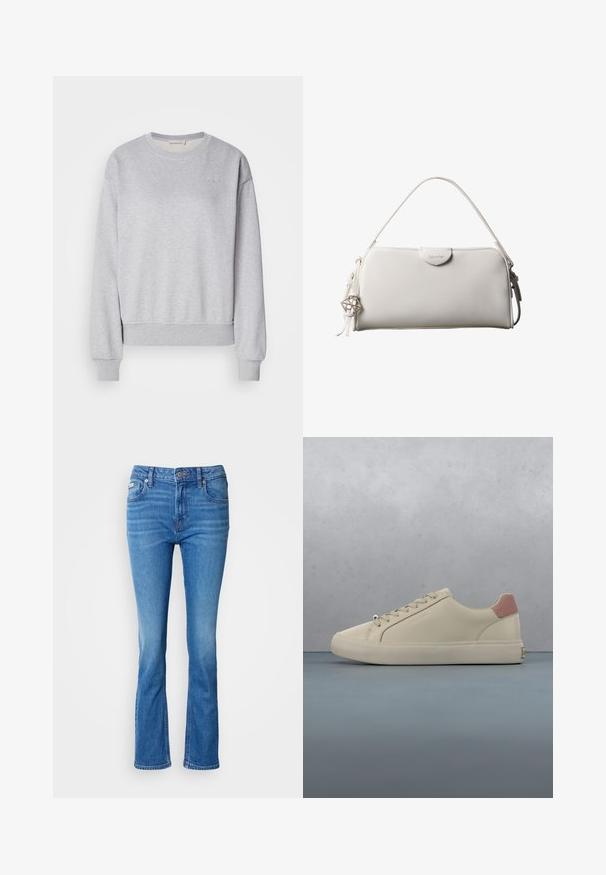 Grijze katoenen sweatshirt met lange mouwen, ronde hals, geribbelde manchetten en onderrand, met een subtiele geborduurde logo op de borst.; Blauwe spijkerbroeken met een flared model en een middelhoge taille, met een klassiek vijf-pocketdesign en een subtiele vervaging bij de knieën.; Crèmekleurige sneaker met roze hielstuk, beige veters en een glad bovenwerk, zwevend boven een houten tegelvloer met kiezels ertussen, buitenshuis.; Witte rechthoekige Calvin Klein handtas met enkele handgreep, minimalistisch ontwerp en decoratieve kwastjes met geometrische metalen hanger aan de zijkant.