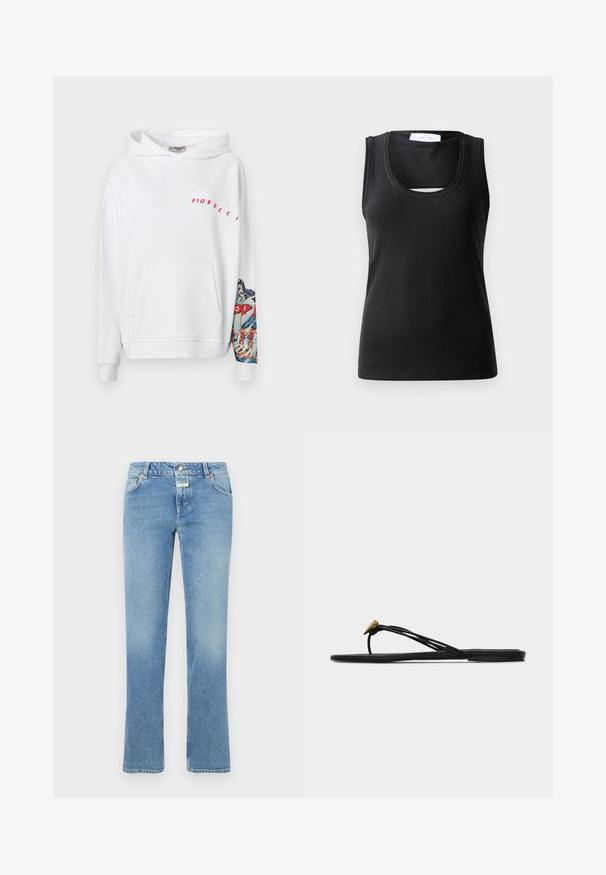 Hvid hættetrøje med en stor frontlomme, rød "Fiorucci" logo og et farverigt bjerglandskab trykt på venstre ærme. Materialet er en blanding af bomuld.; Sort ærmeløs tanktop lavet af ribbet stof, med en rund halsudskæring og en lille udskæring foran for ekstra design.; Blå denim jeans med lige ben design, medium taljehøjde, fem lommer og subtil fading i hele stoffet.; Sort flad thong-sandal med flere tynde stropper og en lille guldfarvet dråbeformet dekoration på den forreste rem.