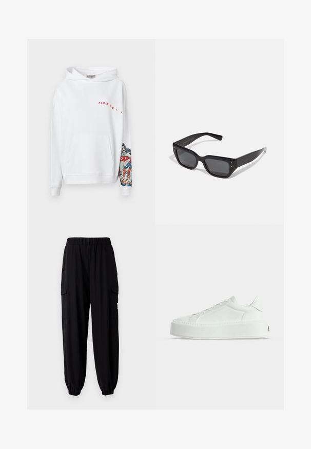 Biela mikina s kapucňou s veľkou prednou kapsou, červeným logom "Fiorucci" a farebným horským motívom potlačeným na ľavom rukáve. Materiál z bavlneného zmesi.; Čierne teplákové nohavice vyrobené z ľahkej látky, s elastickým pásom, bočnými vreckami a elastickými manžetami na členkoch.; Biely nízky teniska z textúrovaného kože, s hrubou platformovou podrážkou a šnurovaním, zobrazená zboku na jednoduchom pozadí.; Čierne obdĺžnikové slnečné okuliare s tmavými tónovanými sklami. Vyrobené z lesklého plastu s masívnym dizajnom a kovovými akcentmi na stranách.