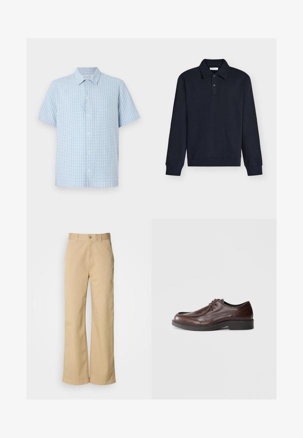 Polo manches longues bleu marine foncé avec col et deux boutons sur la patte, poignets et ourlet en côte, présenté sur fond blanc.; Chemise à manches courtes bleu clair et blanc avec petit motif à carreaux et col classique sur fond blanc.; Pantalon large beige en mélange coton. Fermeture par bouton et passants de ceinture. Texture lisse, avec des détails de couture minimaux.; Chaussure habillée en cuir marron avec un bout arrondi, des accents de couture minimum, et une semelle noire robuste. Présente un système de laçage et une texture lisse.