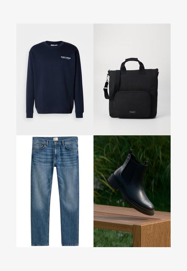 Marine sweatshirt gemaakt van een katoenmix stof. Heeft een ronde hals, lange mouwen, geribbelde manchetten en een opdruk van "EARLY BIRDS" op de borst.; Blauwe jeans van denim met een rechte snit, voorzien van vijf zakken, een knoopsluiting en een lichte vervaging over de stof voor textuur.; Zwarte leren enkelboot met elastische zijpanelen zwevend boven een houten bank, groene loof achtergrond.; Zwarte nylon schoudertas met twee korte handvatten, een afneembare schouderband en een voorzak met rits. Inclusief een merklabel.