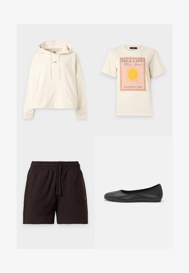 Sweat à capuche écru avec poche kangourou avant, cordon de serrage à la capuche, poignets côtelés et petite étiquette tissu sur la poitrine et à l'intérieur du col.; T-shirt à manches courtes de couleur crème avec un graphisme de soleil jaune et le texte "ISLA LIFE Ibiza, Espagne WEEKEND, 1983" au centre devant.; Shorts à taille élastique noire avec cordon de serrage, devant plat et poches latérales, présentés sur un fond clair uni.; Ballerines en cuir noir avec un bout rond, texture lisse, détails de couture minimalistes et design de semelle flexible.