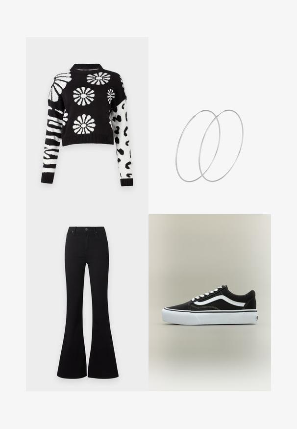 Zwart-wit cropped sweater met bloem- en dierenpatronen, voorzien van ribgebreide manchetten en een hals, gemaakt van een zachte breistof.; Zwarte high-waist flare jeans met knoopsluiting aan de voorkant en zakken, getoond op een witte achtergrond.; Lage zwarte sneaker met witte zijstreep, witte veters, witte rubberen zool en gestructureerde neus op een neutrale achtergrond.; Zilveren hoepel oorbellen met een minimalistisch ontwerp. Cirkelvormig, gladde textuur en dun profiel. Lichtgewicht met een gepolijste afwerking.