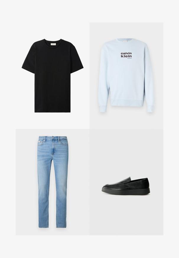 Lyseblå sweatshirt lavet af blødt stof med rund hals og lange ærmer. Fronten viser "calvin klein" og "New York City" i mørke bogstaver.; Sort t-shirt med korte ærmer og rund hals med subtil Calvin Klein Jeans-logo på brystet og en label indeni halsåbningen.; Lyseblå denimjeans med lige ben, forlommer og lukning med knap. Har diskret falmning og standard syninger.; Calvin Klein HYBRID CUP - Loafers - triple black