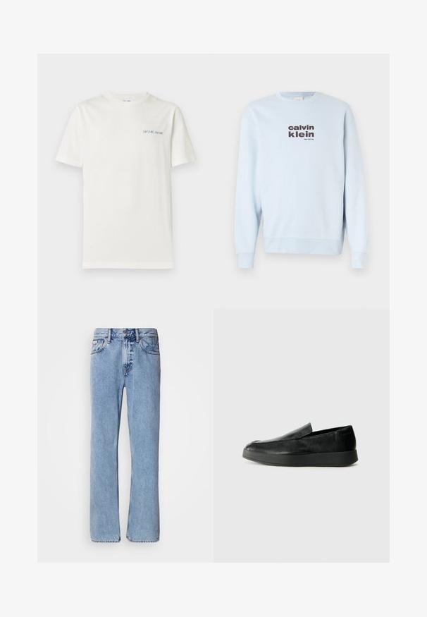 Sweat-shirt bleu clair en tissu doux, doté d'un col rond et de manches longues. Le devant affiche les inscriptions "calvin klein" et "New York City" en lettres foncées.; T-shirt blanc uni à manches courtes avec petit logo texte bleu « SAMSØE SAMSØE » sur le côté gauche de la poitrine.; Jean en denim bleu clair avec une coupe droite, cinq poches et une fermeture à bouton. Détails de couture près des poches et de la taille.; Calvin Klein HYBRID CUP - Chaussons - triple black