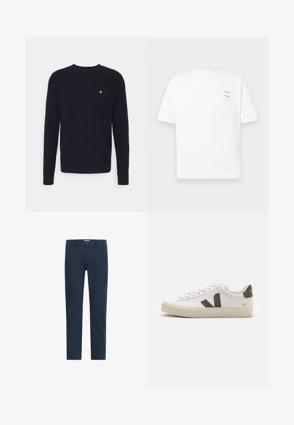 Suéter de punto azul marino con mangas largas y cuello redondo. Cuenta con un pequeño logotipo amarillo en el pecho. Tejido texturizado.; Camiseta de algodón blanca con un corte relajado, mangas cortas y escote en V. Presenta dos pequeños logotipos negros impresos en el lado izquierdo.; Chinos de color azul marino fabricados en una mezcla de algodón, con cierre de botón, piernas rectas y una textura suave sin estampados ni acentos.; Zapatillas de cuero blanco con una suela de goma beige claro. Presenta un logo en forma de V de gamuza marrón y una pestaña en el talón. Cierre con cordones y superficie texturizada.
