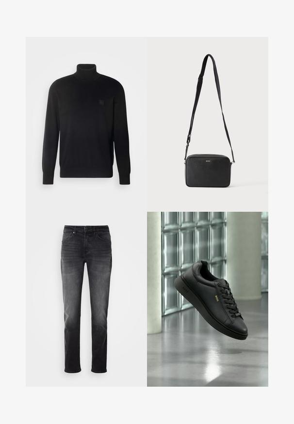 Schwarzer Rollkragenpullover mit langen Ärmeln, geripptem Kragen und Bündchen, aus einem glatten Stoff gefertigt. Mit einem kleinen Logo-Patch auf der Brust.; Schwarze Jeans aus Denim mit geradem Bein. Verfügt über einen Knopf- und Reißverschluss, fünf Taschen und dezente Ausbleichungen im Stoff.; Schwarzer Ledersneaker von BOSS mit Schnürsenkeln, schwebend in Innenräumen vor einer Wand aus Glasbausteinen und einem Betonboden.; Schwarze rechteckige Umhängetasche mit verstellbarem Riemen und BOSS-Logo auf der Vorderseite, vor einem einfarbigen hellen Hintergrund.