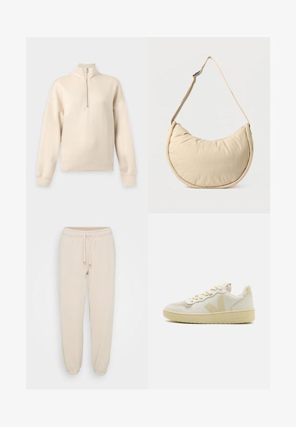 Beige langærmet pullover med høj krave og kort lynlås foran i midten, vist på en ensfarvet lys grå baggrund.; Beige bomuldssweatpants med elastisk talje, snoretræk og elastiske manchetter, præsenteret på en neutral hvid baggrund.; Beige low-top sneakers med en glat læderoverdel, perforeret tå for åndbarhed og matchende gummisål. Har et V-logo på siden.; Beige skuldertaske i halvmåneform med en blød, polstret overflade. Har justerbar rem og lynlås langs den øverste kant.