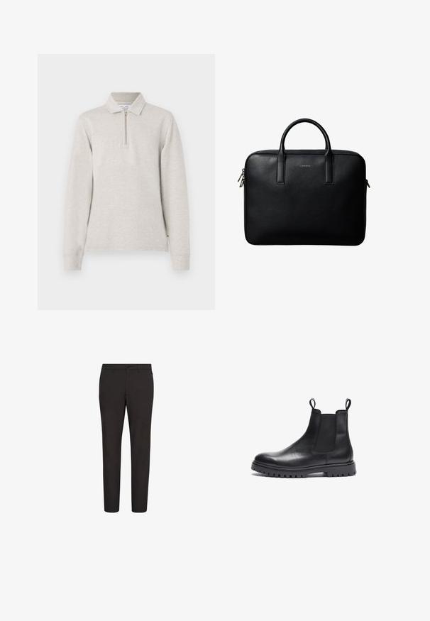 Hellgraues Langarm-Polo-Shirt mit einem halben Reißverschluss, kragenförmigem Design und cuffs, hergestellt aus einem weichen, strukturierten Stoff.; Schwarze Hose mit schlankem Schnitt, aus glattem Stoff, mit Knopfverschluss, Gürtelschlaufen und ohne sichtbare Muster oder Akzente.; Schwarze Leder Chelsea-Boots mit strukturierter Oberfläche, elastischen Seitenpanels und Zuglaschen. Verfügt über eine klobige Gummisohle mit Profil.; Calvin Klein RAISED COMMUTER - Notebooktasche - black