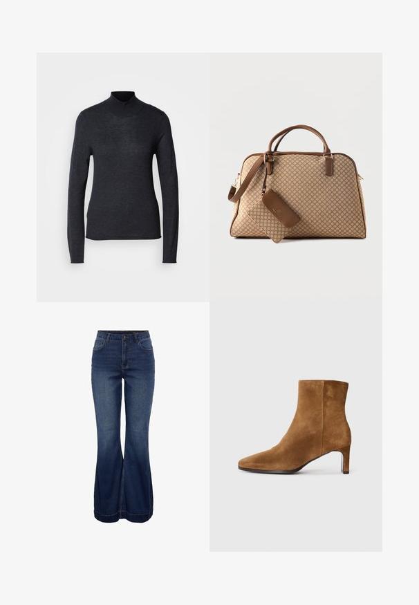Un pull à col roulé noir à manches longues en maille légère et douce. Il présente une coupe ajustée et un col côtelé pour un look épuré.; Jeans évasés bleu foncé en tissu denim, avec une taille haute, des poches avant et un ourlet net, agrémentés de détails de couture subtils.; Bottine en daim marron avec un bout pointu et un talon moyen slim, vue de côté sur fond blanc uni.; Sac de voyage marron à motifs avec double poignée, une bandoulière amovible et une petite pochette assortie fixée à l'avant.