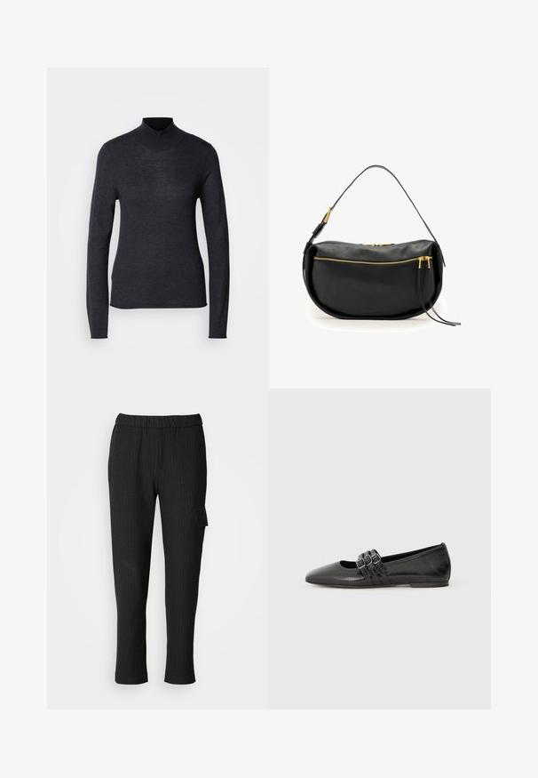 Schwarzer, langärmeliger Rollkragenpullover aus einem weichen, leichten Strickstoff. Hat eine figurbetonte Passform und einen gerippten Kragen für einen eleganten Look.; Schwarz gestreifte Hose mit elastischem Bund und geradem Bein. Verfügt über eine seitliche Tasche mit Klappe und besteht aus einem glatten Stoff.; Schwarzer flacher Schuh mit spitzem Zehenbereich, aus glattem Leder gefertigt. Verfügt über drei dekorative Riemen mit Schnallen über dem Spann.; Schwarze Lederhandtasche mit geschwungener Form, ausgestattet mit einem goldenen Reißverschluss und Akzenten sowie einem schlanken Tragegriff. Weiche Textur.