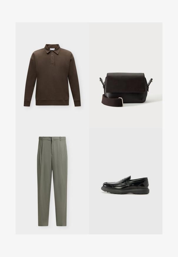 Polo marron foncé à manches longues avec col et trois boutons sur la patte, présenté sur un fond clair uni.; Pantalon taille haute à jambes droites en vert olive doux avec passants, plis sur le devant et fermeture dissimulée.; Mocassin en cuir noir avec une finition brillante, bout arrondi, détails de couture subtils et semelle en caoutchouc épaisse pour la durabilité.; Sac bandoulière en cuir marron foncé avec fermeture à rabat et sangle en tissu réglable sur fond blanc.