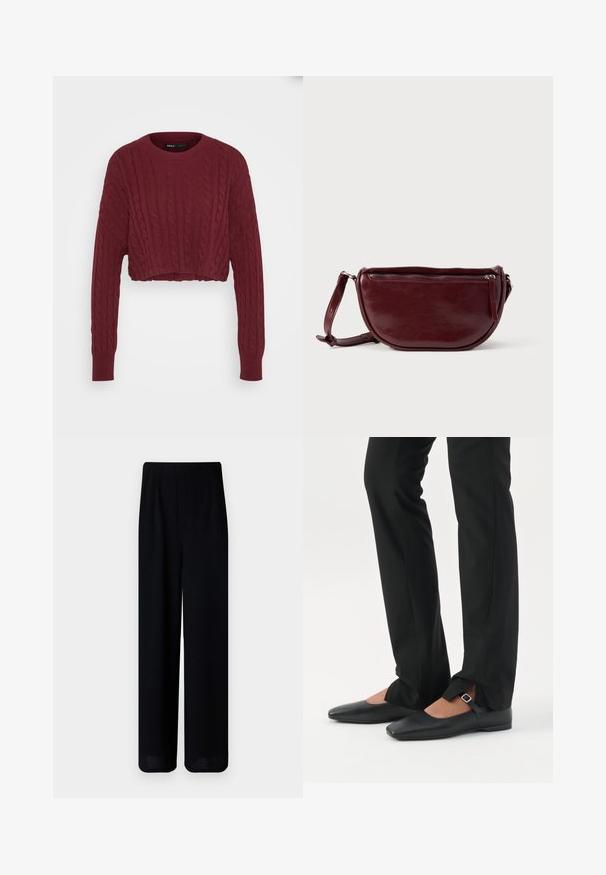 Burgundy cropped striktrøje med kabelstrikdesign, ribbet halsudskæring og manchetter, der har et struktureret stof og lange ærmer.; Vero Moda Petite VMLIVA SUPER WIDE PANTS - Bukser - black; Ben iført sorte smalle bukser med forreste slidser ved kanten, parret med sorte flade Mary Jane-sko med lille spænde.; Vinrød læderhåndtaske med halvmåneform, lynlås og aftagelig rem. Glat tekstur med en subtil glans.