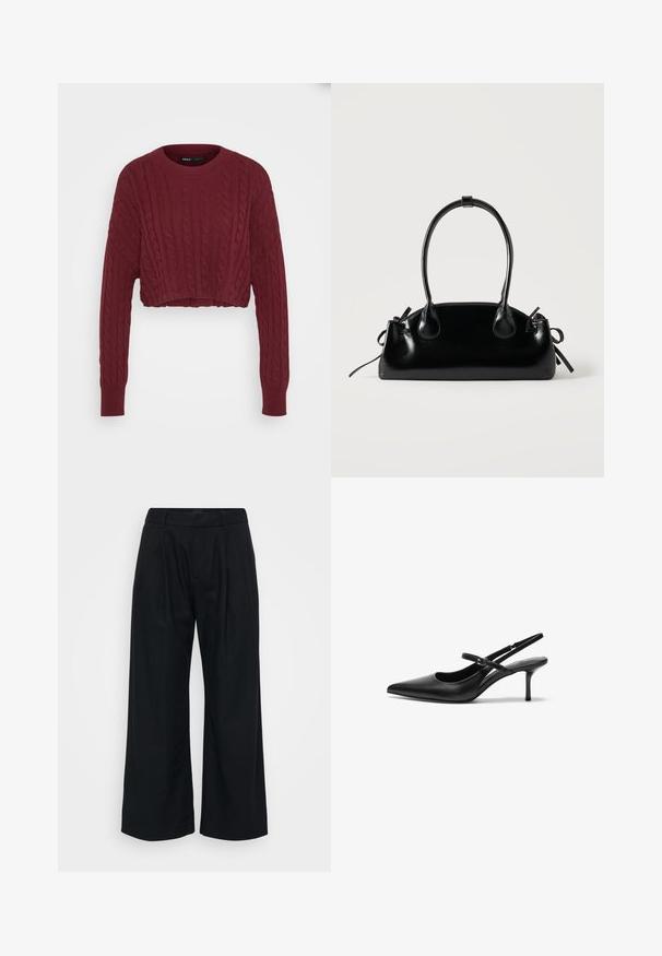 Suéter corto burdeos con diseño de trenzas, cuello y puños acanalados, que presenta una tela texturizada y mangas largas.; Pantalones de pierna ancha negros, hechos de un tejido suave, con un frente plano, pliegues visibles y una cinturilla con argollas para un cinturón.; Zapatos de tacón slingback de cuero negro con punta afilada, correa ajustable delgada y un tacón de aguja de aproximadamente 5 cm, textura suave.; Pequeño bolso negro brillante con dos asas largas y detalles de cordón lateral sobre un fondo claro liso.