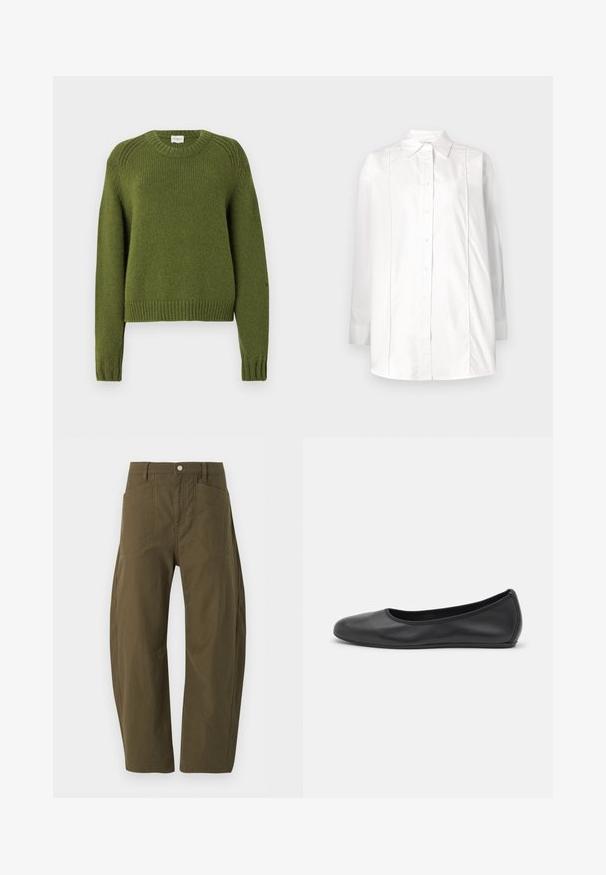 CLOSED CREW NECK LONG SLEEVE - Pullover - army green; Chemise blanche à manches longues en coton, avec un col classique, une fermeture à boutons sur le devant et des détails de pintucks verticaux sur le buste.; Pantalon taille haute vert olive à jambes larges, avec poches avant, passants pour ceinture et fermeture par bouton à la taille.; Ballerines en cuir noir avec un bout rond, texture lisse, détails de couture minimalistes et design de semelle flexible.
