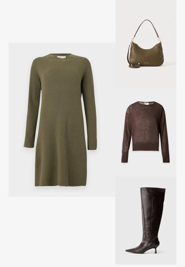 Pruun kerge pikemate varrukatega ümara kaelusega kampsun, millel on soonikud varrukate ja ääre ääres, kuvatud ühtlasel helehallil taustal.; CLOSED CREW NECK DRESS LONG SLEEVE - Kampsunkleit - forest green; pruunist nahast kuni põlve ulatuv saabas, millel on terav nina ja peen kõrge konts. Sile tekstuur ja stiilne disain, mis toob esile minimalismi silueti.; Oliiviroheline nahast käekott lühikeste ja pikkade rihmadega, kuldsete detailidega ning Michael Kors logoga kullas tooni põhja lähedal, neutraalsel taustal.