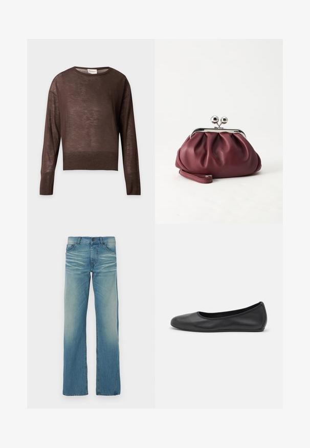 Brauner leichter Pullover mit langen Ärmeln und Rundhalsausschnitt, mit gerippten Bündchen und Saum, dargestellt auf einem schlichten hellgrauen Hintergrund.; Helles blaues Denim-Jeans mit geradem Bein, verwaschenem Finish, fünf Taschen und Knopfverschluss. Sichtbare Nähte setzen Akzente.; Schwarze Leder-Ballettschuhe mit abgerundeter Spitze, glatter Textur, minimalen Nähdetails und einem flexiblen Sohlen-Design.; Kleine burgunderrote Lederclutch mit silbernem Metallverschluss und Handgelenksriemen auf weißem Hintergrund.