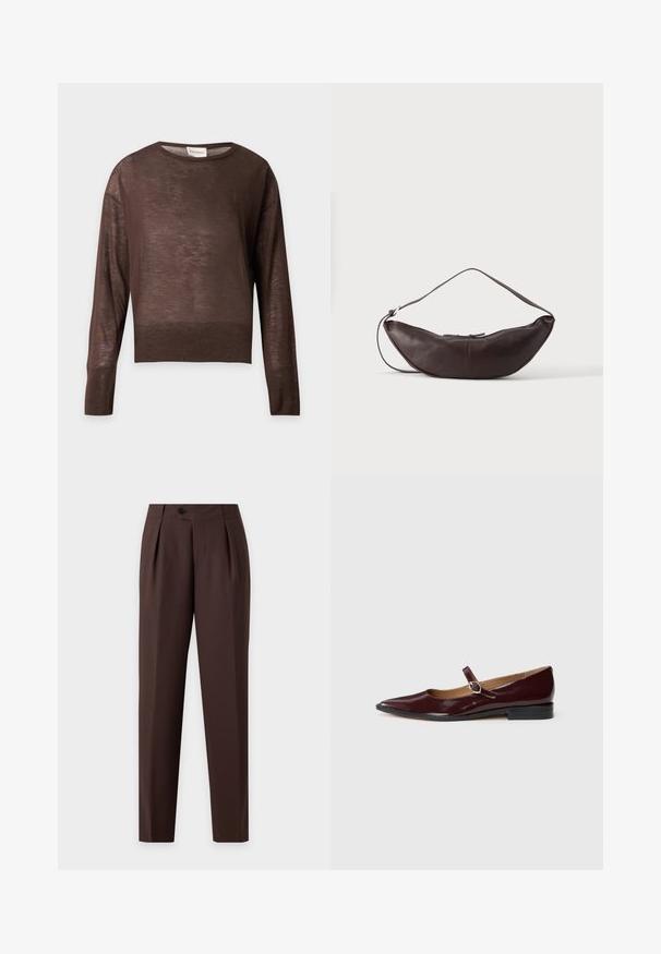 Pull marron léger à manches longues et col rond, avec poignets et ourlet côtelés, présenté sur un fond gris clair uni.; Pantalon habillé marron foncé avec plis, jambes droites, poches latérales et fermeture à bouton à la taille, présenté sur un fond uni.; Ballerines en cuir verni bordeaux de type Mary Jane avec un bout pointu, un talon plat et une sangle décorative avec une boucle circulaire.; Sac d'épaule en cuir marron foncé en forme de croissant avec une lanière courbée et des coutures visibles sur fond uni.