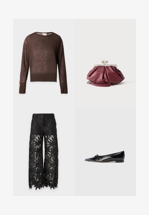 Pull marron léger à manches longues et col rond, avec poignets et ourlet côtelés, présenté sur un fond gris clair uni.; Pantalon noir avec un motif de dentelle à feuilles, coupe large et tissu transparent. Les bords sont festonnés, mettant en valeur les détails complexes.; Chaussure plate en cuir verni noir avec un bout pointu, une petite lanière décorative et un petit talon carré. Texture lisse et design épuré.; Petite pochette en cuir bordeaux avec fermoir en métal argenté et bracelet pour poignet sur fond blanc.