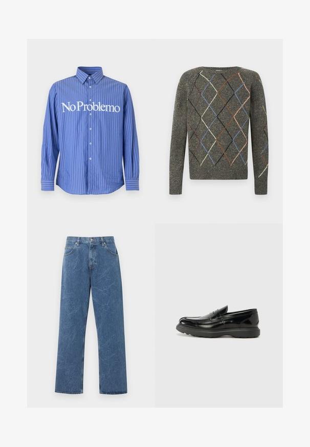 Pull tricoté gris foncé avec un motif losange en orange, bleu, vert et noir. Il présente un col rond et des poignets côtelés.; Chemise bleue à manches longues avec de fines rayures blanches verticales et un grand texte blanc « No Problemo » sur la poitrine.; Jean droit bleu avec des motifs abstraits de feuilles subtilement brodés et un design classique à cinq poches sur un fond clair.; Mocassin en cuir noir avec une finition brillante, bout arrondi, détails de couture subtils et semelle en caoutchouc épaisse pour la durabilité.