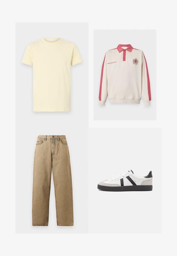 Beige langærmet polo sweatshirt med rød krave, røde striber på ærmerne, teksten ""FEAR NOTHING"" på brystet og våbenskjoldlogo på venstre side.; Lysegul bomulds t-shirt med korte ærmer og rund halsudskæring; har et lille hvidt logo på den øverste venstre bryst.; Tan denim jeans med lige ben-design, der har lynlås, bæltesløjfer og kontraststing. Ingen bemærkelsesværdige mønstre eller hardwaredetaljer.; Hvide sneakers med sorte og grå detaljer, med en tekstureret grå tåhætte, sort gummisål og flade hvide snørebånd. Rent design, minimalistisk stil.