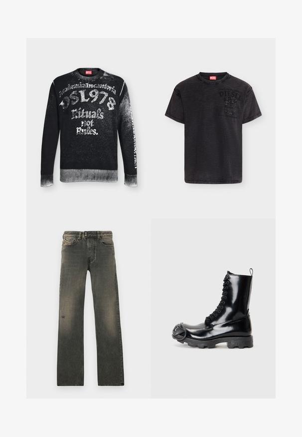 Sweat-shirt noir Diesel avec texte blanc usé incluant "DSL 1978," "Rituals not Rules," et détails délavés aux manches et à l'ourlet.; T-shirt Diesel noir à manches courtes avec une petite poche poitrine et un logo imprimé délavé sur le haut avant gauche, présenté sur un fond uni.; Jean en denim gris avec une coupe décontractée, doté d'une fermeture à boutons, d'un léger effet délavé, et d'usures discrètes près du genou. Conception à cinq poches.; Bottines de combat en cuir verni noir avec une finition brillante, design à lacets, épaisse semelle en caoutchouc et détail de quincaillerie distinctif à l'avant.