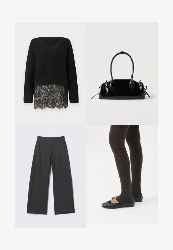 Pull en tricot noir avec un décolleté en V, featuring des manches longues et un ourlet en dentelle festonnée. Le tissu texturé contraste avec la dentelle lisse en dessous.; Pantalon gris foncé à jambes larges avec fines rayures verticales, passants de ceinture, poches latérales et fermeture éclair à l'avant.; Jambes portant des leggings côtelés foncés associés à des ballerines noires avec de petits détails en nœud sur fond blanc.; Petit sac à main noir brillant avec deux longues anses et des détails à cordon sur les côtés sur un fond clair uni.