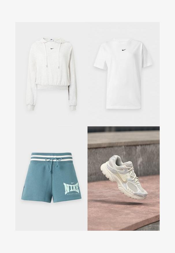 Light grey cropped hoodie made of soft fabric, featuring a drawstring hood, long sleeves, ribbed cuffs, and a small black Nike logo.; White short-sleeve crew neck t-shirt with a small black Nike swoosh logo centered near the collar.; Blue athletic shorts with white striped elastic waistband, drawstring, and Nike logo on left leg.; White and beige Nike running shoe with mesh panels and thick sole, suspended above a pink stone surface and gray stone background.