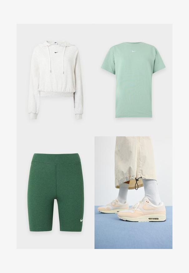 Vaaleanharmaa lyhyt huppari pehmeästä kankaasta, jossa on kiristysnyörillinen huppu, pitkät hihat, resorit hihansuissa ja pieni musta Nike-logo.; Vaaleanvihreä lyhythihainen pyöreäkauluksinen t-paita, jossa pieni valkoinen Nike Swoosh -logo rinnan keskellä.; Vihreät urheilushortsit joustavasta kankaasta. Korkea vyötärömalli, jossa litteät saumat ja valkoinen Nike-logo vasemman alareiden kohdalla.; Keve Nike Air Max 1 tennarit esittelevät valkoista ja pehmeän persikkaista yläosaa, jossa on verkko- ja nahkamateriaaleja, näkyvän ilmayksikön sekä tekstuurin omaava pohja.