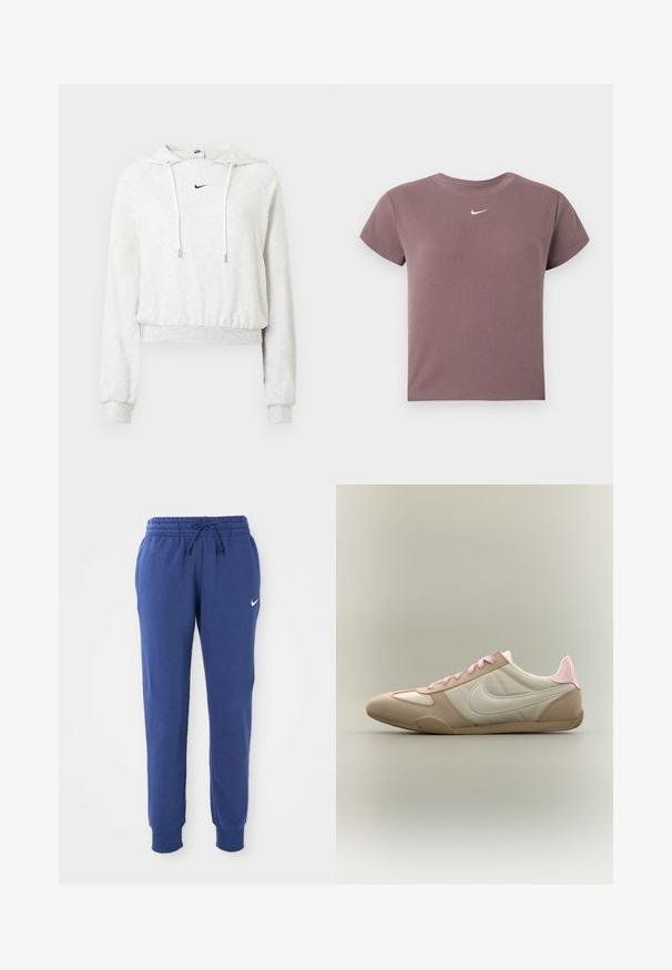 Lysegrå cropped hættetrøje lavet af blødt stof, med snøre i hætten, lange ærmer, ribbede manchetter og en lille sort Nike-logo.; Mauve ribbet kortærmet crop top med rund hals og lille hvid Nike-logo centreret under halsudskæringen.; Blå Nike sweatpants med elastisk talje, snøre, afsluttende ankler og hvid Nike swoosh-logo på venstre lår.; Lavprofileret beige og hvid sneaker med lyserøde snørebånd og hælaccent, som viser Nike-swoosh på siden mod en ensfarvet baggrund.