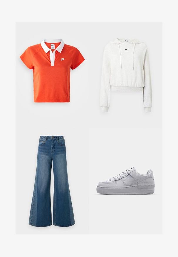 Vaaleanharmaa lyhyt huppari pehmeästä kankaasta, jossa on kiristysnyörillinen huppu, pitkät hihat, resorit hihansuissa ja pieni musta Nike-logo.; Oranssi polo-paita, jossa on valkoinen kaulus, lyhyet hihat ja valkoinen Nike-logo vasemmassa rinnassa. Valmistettu pehmeästä puuvillasekoitteesta.; Laaja lahkeiden denim-farkut tummansinisessä pesussa, joissa on korkea vyötärö, viisi taskua ja klassinen napitus. Sileä rakenne, jossa on vähäistä haalistumista.; Harmaa Nike Air Force 1 -lenkkari, jossa on reikänenä, sileä nahkapäällinen, paksu pohja ja kohokuvioitu 'AIR'-yksityiskohta kantapäässä.