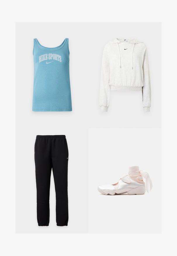 Lysegrå cropped hættetrøje lavet af blødt stof, med snøre i hætten, lange ærmer, ribbede manchetter og en lille sort Nike-logo.; Lysblå atletisk tanktop med bred rund hals, ærmeløst design og "NIKE SPORTS" trykt på brystet i hvid. Blødt bomuldsstof.; Sorte Nike joggingbukser med elastisk talje og manchetter, med et lille hvidt Nike swoosh-logo på venstre lår.; Hvid og lyserød sneaker med blødt stofankelomslag bundet i en sløjfe, med justerbar rem og rundet sål.