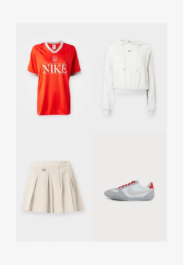 Vaaleanharmaa lyhyt huppari pehmeästä kankaasta, jossa on kiristysnyörillinen huppu, pitkät hihat, resorit hihansuissa ja pieni musta Nike-logo.; Punainen Nike-paita, jossa on V-kaula-aukko, harmaa reunus hihoissa ja suuri valkoinen "NIKE" -logo. Sujuva, kevyt kangas, jossa on hienovarainen raidallinen kuvio.; Beige taitettu minihame vyötärönauhalla, sivuvetoketjulla, napillissuljennalla ja pienellä logopläkillä edessä.; Matala profiili harmaa ja valkoinen Nike-tossu, jossa punaiset nauhat ja kantapääpalikka, näkyvissä sivulta valkoisella taustalla.