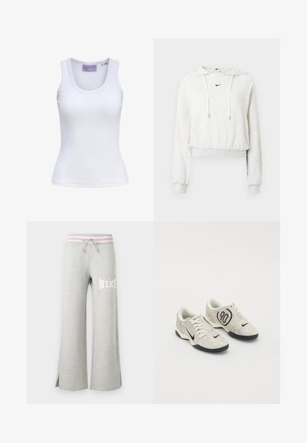 Sudadera con capucha corta de color gris claro hecha de tela suave, con capucha ajustable con cordón, mangas largas, puños acanalados y un pequeño logo negro de Nike.; Camiseta de tirantes blanca acanalada con escote redondo y etiqueta de la marca JJXX dentro del cuello, talla pequeña.; Pantalones deportivos de pierna ancha en gris claro con cintura a rayas rosas, cordón, aberturas laterales y logo blanco de Nike en el muslo izquierdo.; Zapatillas Nike con un upper texturizado en beige y gris, acentos negros, un gran logo de "90" y un cierre de cordones blancos. Suela negra.