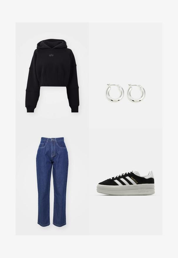 Sudadera negra cortada en tejido suave con cintura de canalé, mangas de gran tamaño y un logo sutil centrado en el pecho.; Jeans de mezclilla azul oscuro con cintura alta, pierna recta, cinco bolsillos y costuras en contraste. Diseño clásico con una textura suave.; Zapatillas negras de ante con detalles en cuero blanco, tres rayas blancas, cordones planos y una gruesa suela de plataforma gris. Marca "Gazelle" en dorado.; Pendientes de aro de plata con un acabado pulido, que presentan una forma circular y un cierre de gancho. Textura suave con detalles mínimos.