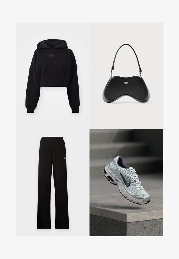 Gekürzter schwarzer Hoodie aus weichem Stoff mit einem gerippten Taillenbund, übergroßen Ärmeln und einem dezenten Logo in der Mitte der Brust.; Schwarze, gerippte, weit geschnittene Hose mit elastischem Bund und kleinem dekorativem Logo, aus einem glatten Material mit langem Design.; Weißer und grauer Nike-Laufschuh mit schwarzem Logo, der über einem Betonsims vor verschwommenem grauem Hintergrund schwebt.; Schwarze Handtasche aus Kunstleder mit einzigartiger geschwungener Form, kurzem Griff und einem silbernen Logodetail auf der Vorderseite. Glatte Textur, minimalistisches Design.