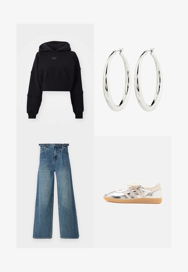 Forkortet sort hættebluse i blødt stof med ribbet talje, oversized ærmer og et diskret logo centreret på brystet.; Bredde ben denim jeans i lys blå. Har høj talje, bæltestropper, plisseret front og klassisk fem-lomme design. Slidt tekstur.; Lavtop sneaker med skinnende sølv overdel, beige tre striber, hvide snørebånd og lysebrun gummisål, vist i sidevisning på hvid baggrund.; Sølv hoops øreringe med en glat, reflekterende overflade. Rund, stor form med en sikker lås øverst. Den polerede finish fremhæver glansen.