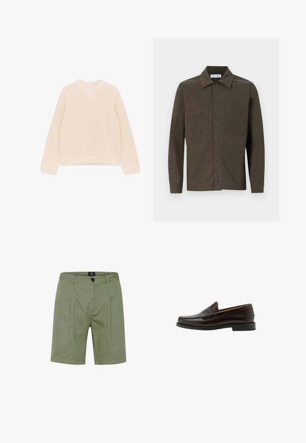 Jersey de punto de lino en beige claro. Presenta un escote redondo, mangas largas, textura acanalada y un dobladillo recto con detalles acanalados.; Camisa de manga larga verde oscuro, hecha de una tela suave, con cuello de punta, botones en la parte frontal y dos bolsillos en el pecho.; Pantalones cortos verde oliva con un diseño a medida, que presentan un cierre de botón, bolsillos frontales y sutiles rayas verticales en una tela suave y texturizada.; Mocasín penny de cuero marrón oscuro con puntera mocasín cosida, tacón bajo y acabado liso, mostrado en perfil lateral sobre fondo blanco.