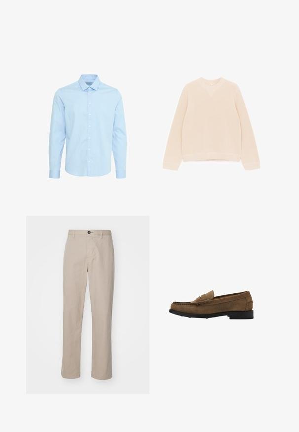 Linned strikpullover i lys beige. Har rund halsudskæring, lange ærmer, ribbet tekstur og en lige kant med ribdetaljer.; Lyseblå langærmet skjorte lavet af bomuld, med et ternet mønster, knaplukning fortil og en standard krave med knapmanchetter.; Beige lige benbukser i letvægtsstof, med knaplukning og subtile syninger. Flad front med sidelommer.; Brun ruskind penny loafer med sort sål og lav hæl, sideview på hvid baggrund.