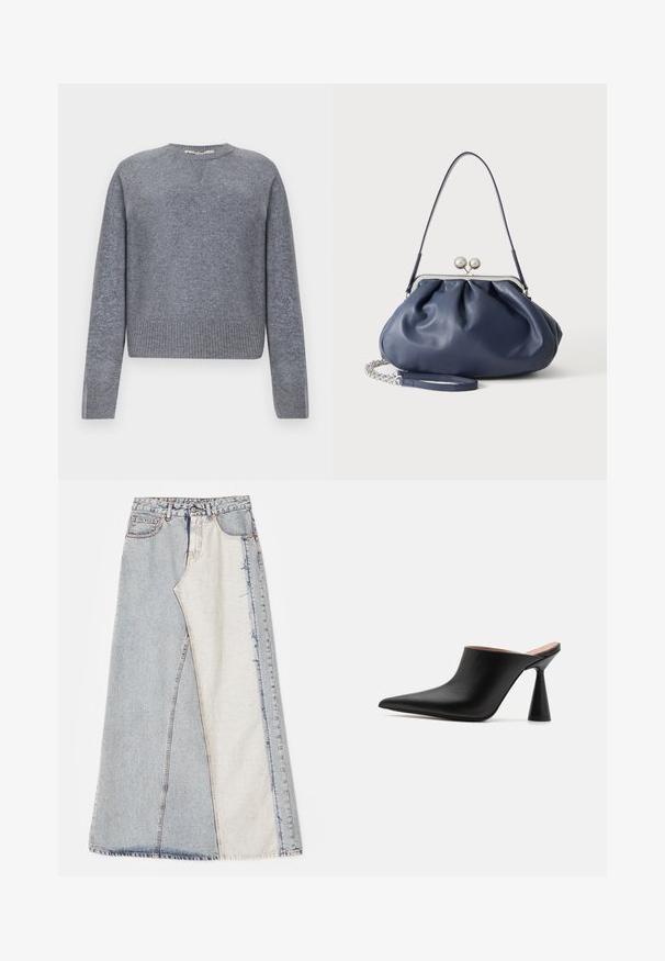 Grå strikket sweater med rund halsudskæring, ribbede manchetter og nederkant samt en tekstureret overflade. Har en diskret V-indfatning ved halsen.; Denim nederdel med patchwork design bestående af lyse og mellemblå sektioner, frayed kanter og høj talje. Klassisk fem-lomme stil.; Sorte lædermules med spids tå og en unik kegleformet hæl. Glat tekstur og minimalistisk design, åben bagside for nem påtagning.; Blød navyblå læderhåndtaske med sølv lukning, enkelt skulderrem og aftagelig kæde til håndleddet på hvid baggrund.
