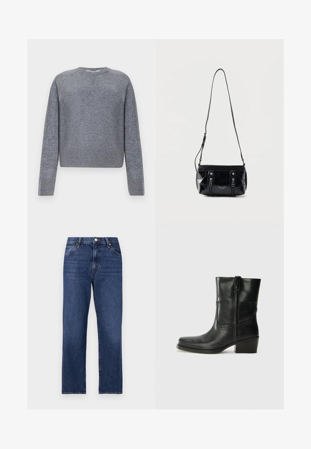 Grå strikket sweater med rund halsudskæring, ribbede manchetter og nederkant samt en tekstureret overflade. Har en diskret V-indfatning ved halsen.; Denim jeans i en mørkeblå vask. Lige ben-design med fem-lomme stil, front lukning med knap og kontrasterende syning.; Sort læder ankelstøvle med rundt tå, blokhæl, lynlås i siden og stikninger på vampsiden. Glat tekstur, klassisk design.; Sort skuldertaske i læder med justerbar rem, to lodrette lynlåse foran og et lille metalvinge-emblem under lynlåsene.