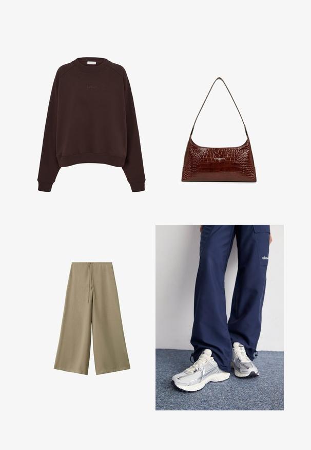 Sweat-shirt marron foncé à col rond avec manches longues, poignets et ourlet côtelés, et logo "LeGer" subtilement brodé sur la poitrine.; Pantalon beige à jambes larges avec taille élastique et cordon, fabriqué en tissu léger.; Baskets de sport Nike avec une tige en maille argentée, des accents blancs et des semelles texturées, associées à un pantalon marine ample.; LANCASTER Sac à main - chataigne