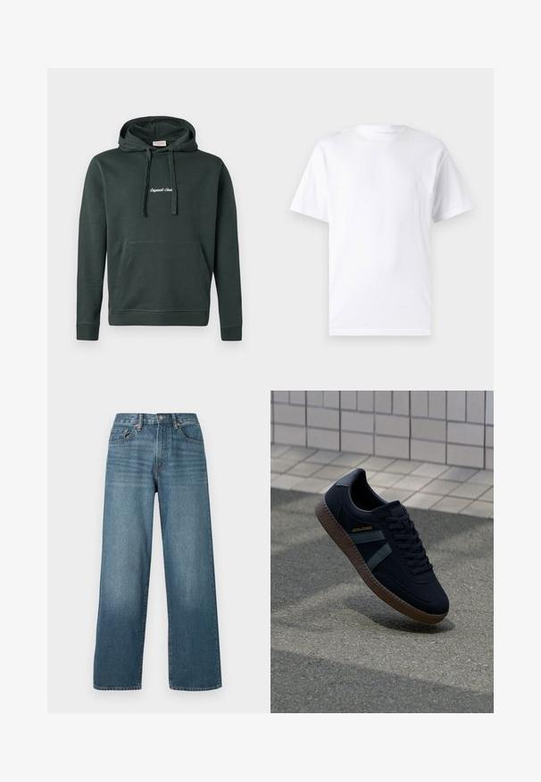 Donkergroen hoodie van katoenmix, met een voorzak en koordjes. Bevat witte geborduurde tekst op de borst.; Witte T-shirt met korte mouwen, gemaakt van katoen, met een ronde hals. Het heeft een gladde textuur en een eenvoudig ontwerp zonder patronen of accenten.; Wijde donkerblauwe denim jeans met een knoopsluiting, riemlussen en een vervaagd textuur. Beschikt over vijf zakken en contrasterende stiksels.; Zwarte sneaker met een gestructureerd oppervlak, donkergroene strepen en een bruine rubberen zool. Voorzien van veters en merknaam op de zijkant.
