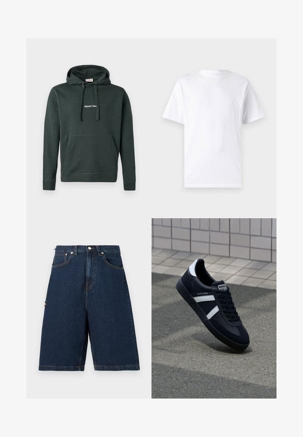 Dunkelgrüne Kapuzenjacke aus einem Baumwollmischgewebe, mit einer Fronttasche und Kordeln. Enthält weißen, gestickten Text auf der Brust.; Weißes kurzärmeliges T-Shirt aus Baumwolle mit Rundhalsausschnitt, das eine glatte Textur und ein einfaches Design ohne Muster oder Akzente aufweist.; Dunkelblaue Denim-Shorts mit lockerer Passform, ausgestattet mit zwei vorderen Taschen und einer einzelnen Gesäßtasche, abgerundet mit orangefarbenen Nähakzenten.; Schwarze Leder-Sneaker mit weißen Streifen, strukturiertem Gummisohle und Schnürung. Verfügt über ein Markenetikett auf der Zunge.