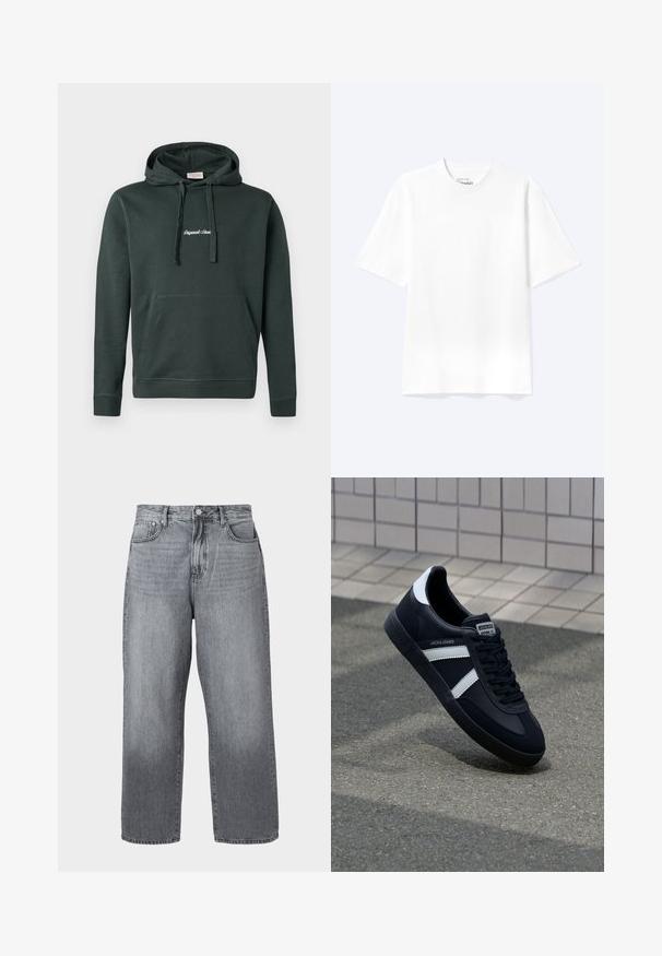 Dunkelgrüne Kapuzenjacke aus einem Baumwollmischgewebe, mit einer Fronttasche und Kordeln. Enthält weißen, gestickten Text auf der Brust.; Schlichtes weißes T-Shirt mit kurzen Ärmeln und Rundhalsausschnitt in entspannter Passform, auf hellem Hintergrund dargestellt.; Graue Denim-Jeans im weiten Schnitt mit hoher Taille, Fünf-Taschen-Design und Metallverschluss. Der Stoff zeigt leichte Ausbleichungen nahe dem Saum.; Schwarze Leder-Sneaker mit weißen Streifen, strukturiertem Gummisohle und Schnürung. Verfügt über ein Markenetikett auf der Zunge.