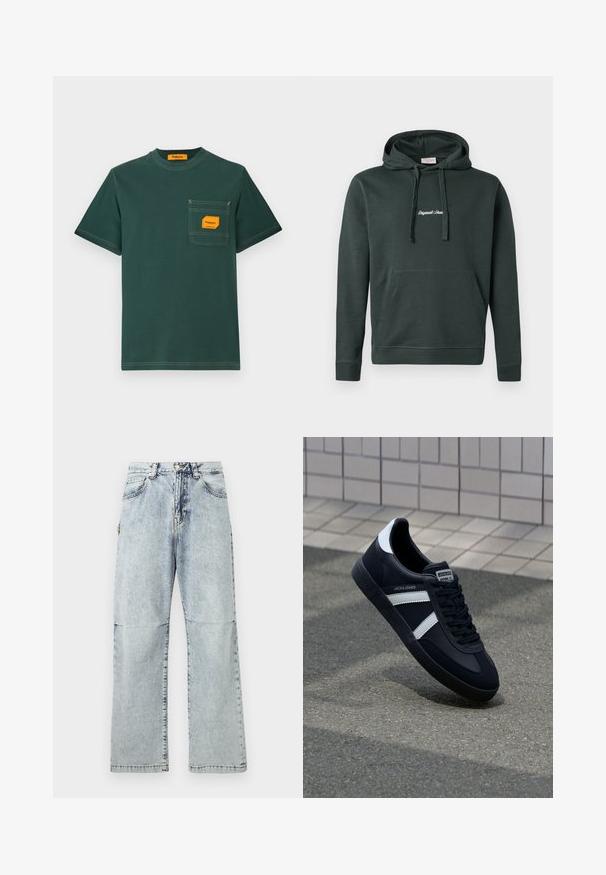 Dunkelgrüne Kapuzenjacke aus einem Baumwollmischgewebe, mit einer Fronttasche und Kordeln. Enthält weißen, gestickten Text auf der Brust.; Grünes Baumwoll-T-Shirt mit rundem Ausschnitt, kurzen Ärmeln und einer frontalen Tasche mit einem orangefarbenen Etikett. Kontrastnähte sind sichtbar.; Hellblaue Denim-Hosen mit lockerem Schnitt, verblasster Textur, fünf Taschen und einem Knopfverschluss am Bund. Flache Nähte und weite Beine.; Schwarze Leder-Sneaker mit weißen Streifen, strukturiertem Gummisohle und Schnürung. Verfügt über ein Markenetikett auf der Zunge.