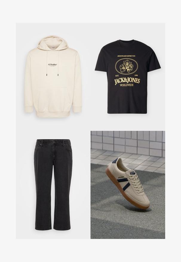 Cremehoody med snoretræk, frontlomme og trykt "JJ Studios" logo. Har ribbede mansjetter og kant. Blødt materiale med glat tekstur.; Sort kortærmet t-shirt med gul blomsterprint og teksten "FROM HOLMEN DISTRICT CPH," "EST. 1990," "JACK & JONES," og "WORLDWIDE" på forsiden.; Sort denim bredde-buks med lige snit, fem lommer, front knaplukning og kontrasterende syning.; Beige sneaker med struktureret overflade, marineblå striber og gummisål. Har en polstret tunge og traditionelt snørresystem for en sikker pasform.
